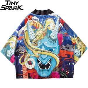 2021, японское кимоно, куртка, морской дракон, дьявол, принт, хип-хоп, мужские куртки в японском стиле, уличная одежда, летняя тонкая одежда Harajuku
