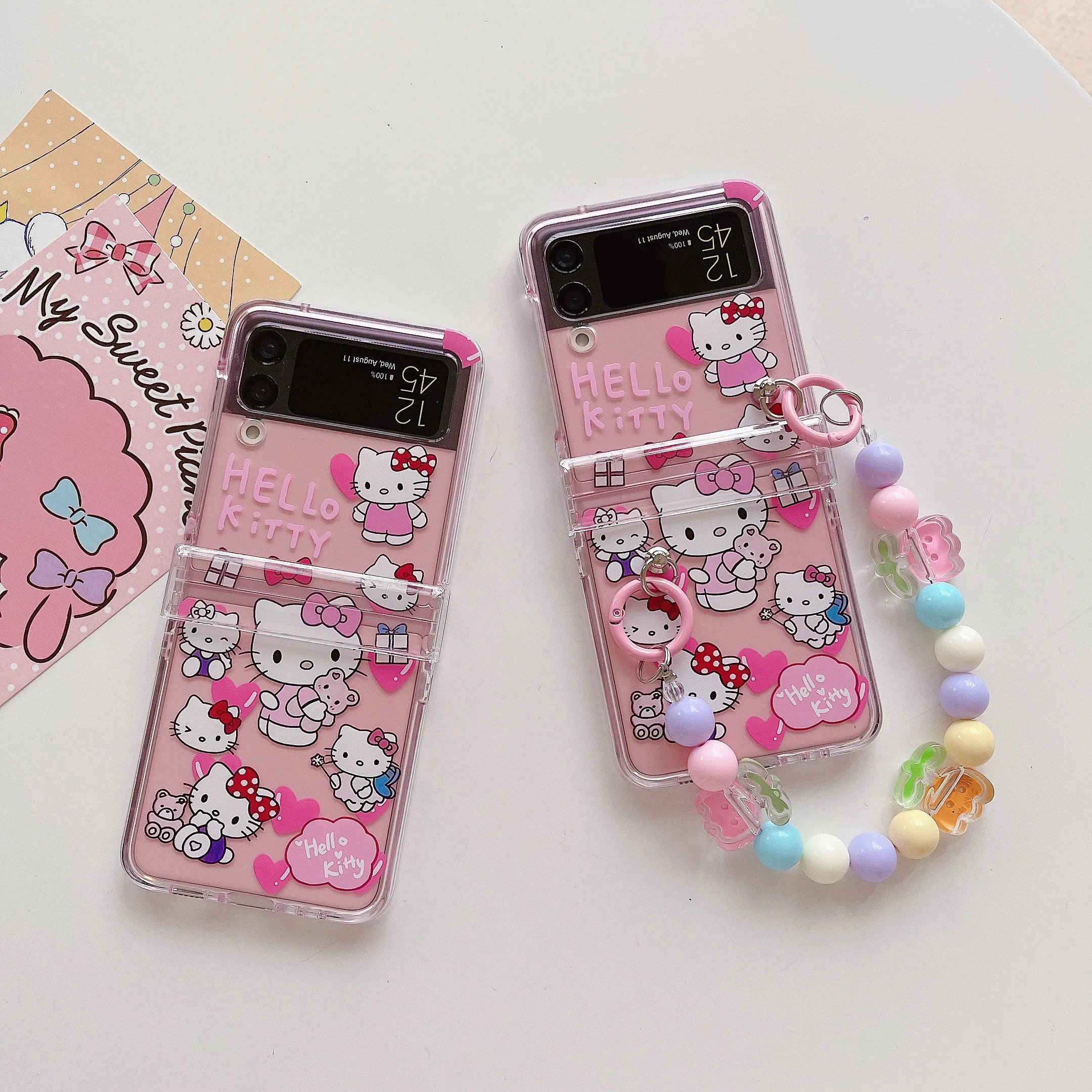 

Sanrio Hello Kitty with bracelet Phone Case for Samsung Galaxy Z Flip 3 PC Back Cover for Z Flip 4 Case Protective Shell