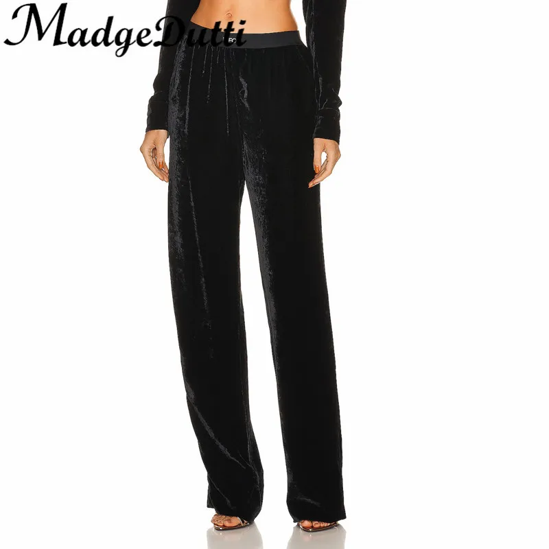 11.30 MadgeDutti Letter Print Elastic Waist Versatile Black Velvet Wide Leg Pants Women