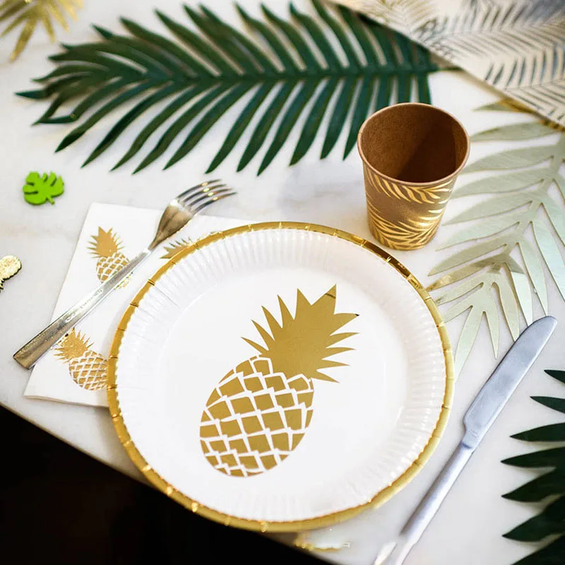 

8Pcs Wedding Party Decoration Gold Pineapple White Disposable Cutlery Paper Plates Paper Cups Napkins Birthday Party Cake Plate