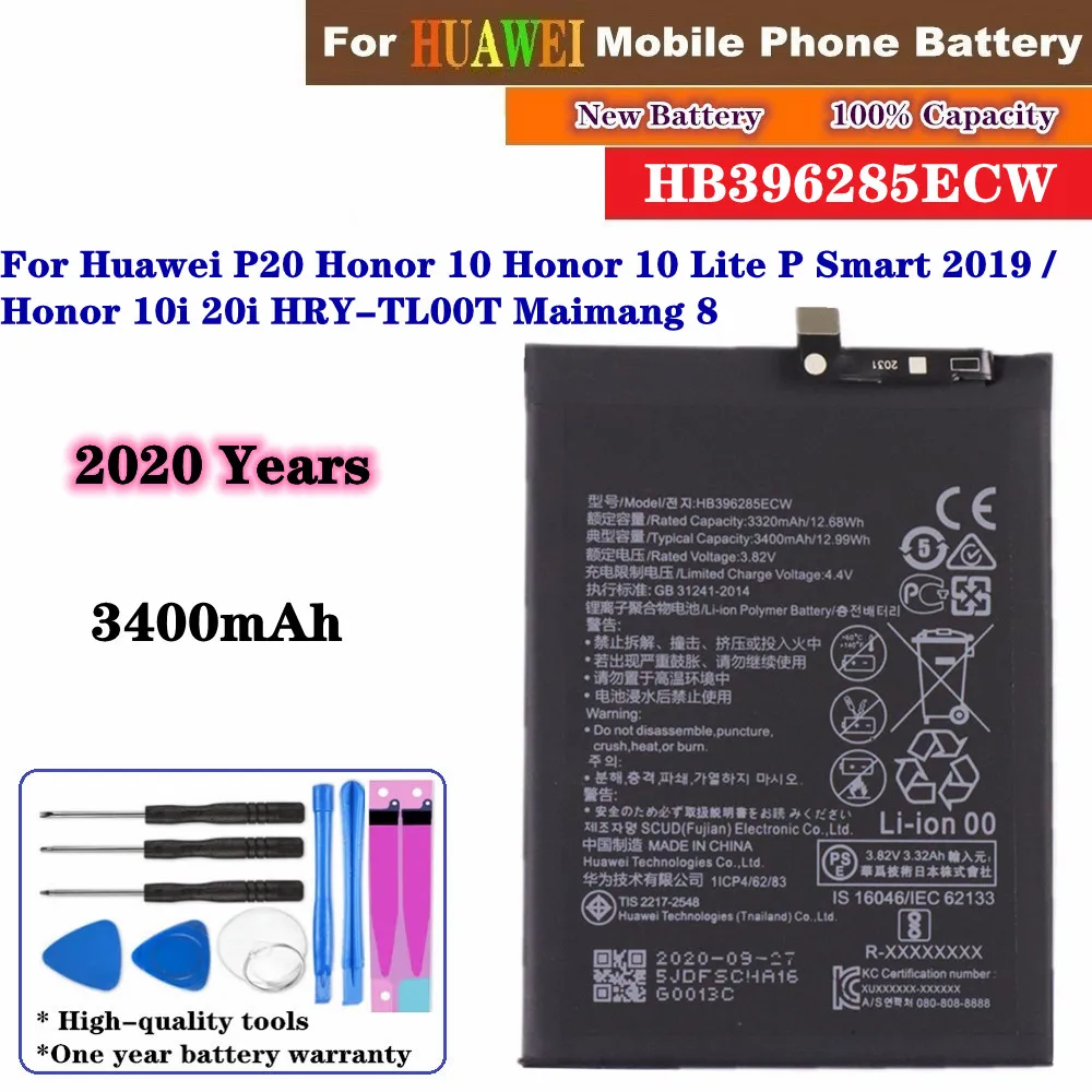 

For Honor 10/10 Lite/10i/20i / Huawei P20 5.8" P Smart 2019 Mobile Phone Battery HB396285ECW 3400mAh High Capacity Batteries