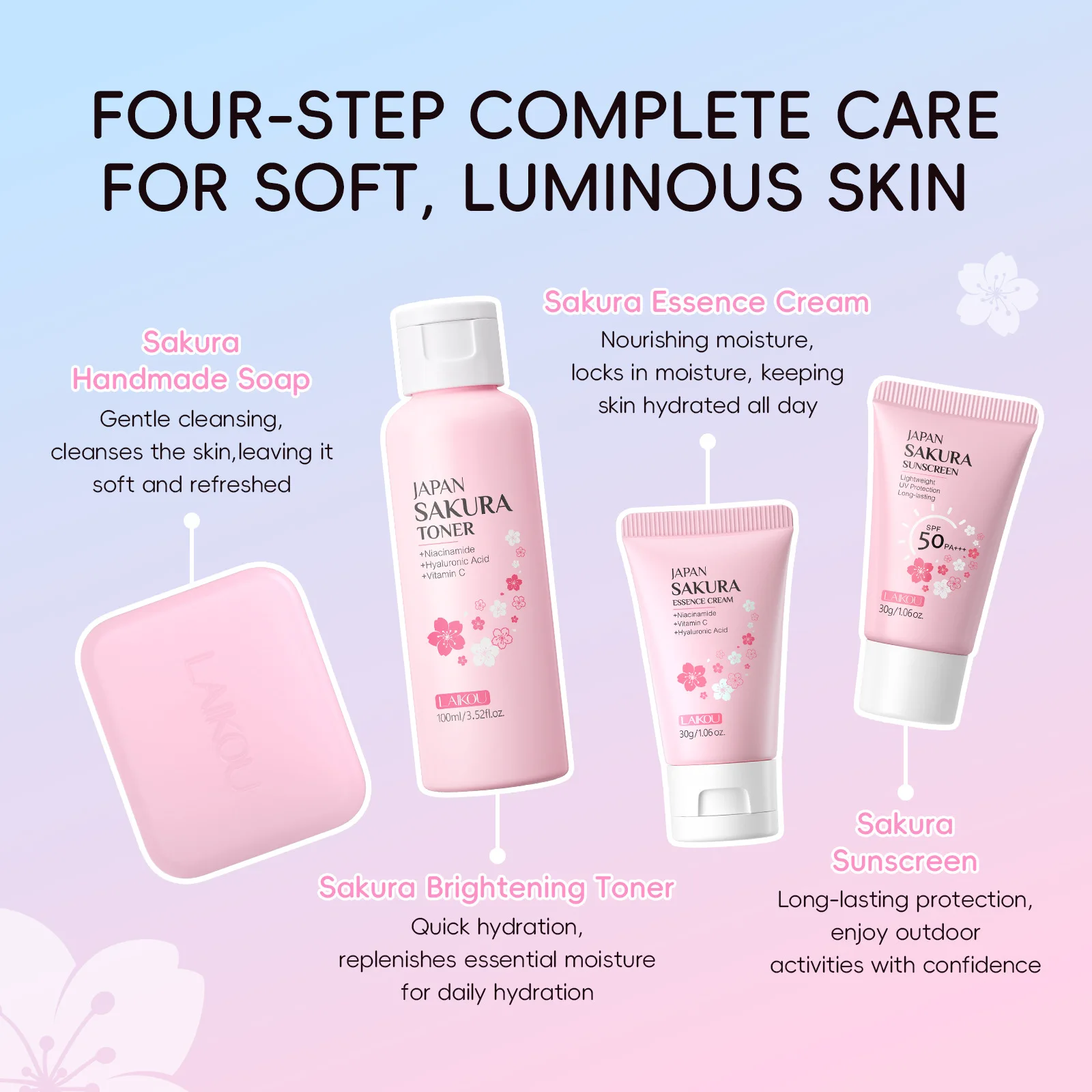 Фото Набор для ухода за кожей LAIKOU Sakura, 4 предмета: осветляющий комплект для лица с мылом, тоником, кремом и солнцезащитным кремом, полный ежедневный уход, 100 мл + 50 мл + 30 г №4