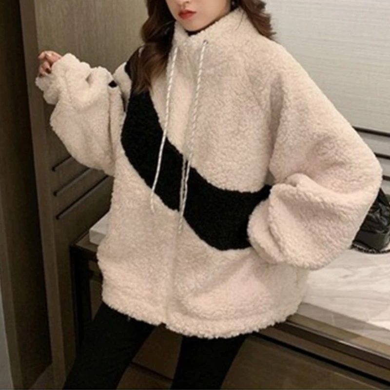 Women's Boyfriend Style Striped Pattern Coats Winter Thick Warm Loose Woolen Coat 2023 Faux Fur Jackets Female Casual Outerwear