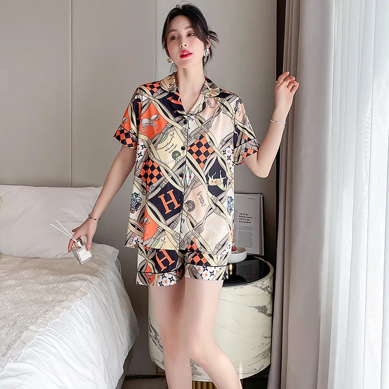 New Pajamas Women's Summer Artificial Silk Lapel Short-Sleeved Shorts Trendy Printed Casual and Comfortable Homewear Suit