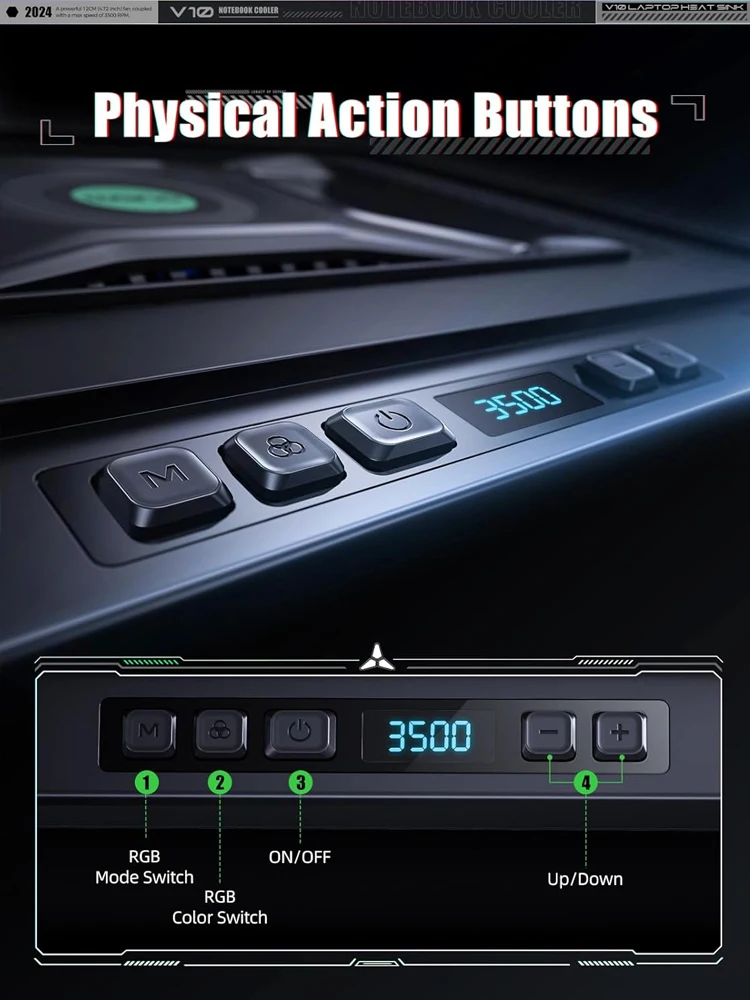 Фото Подставка-кулер для ноутбука V10 RGB с мощным внешним турбо-вентилятором диаметром 4,72 дюйма, быстро охлаждает ПК 13–17,3 дюйма, 4-портовый USB C&A №3