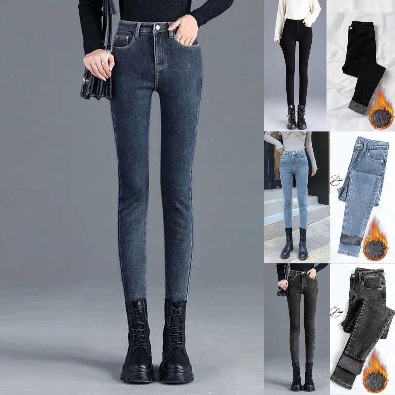 

Thicken Stretch Skinny Fleece Jeans Winter Women Women High Waist Button Black Warm Jeans Lady Vintage Denim Pencil Korean Pants