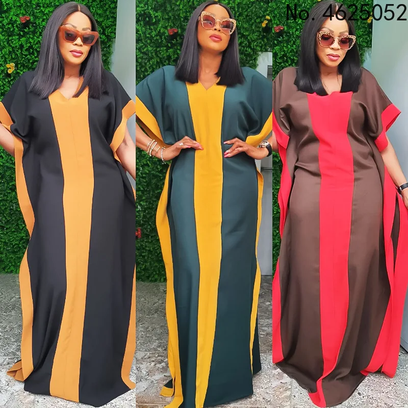 

Халаты, Африканское платье макси для женщин, с V-образным вырезом, с коротким рукавом, свободные, летние, новые, в полоску, с принтом, базин, бо...