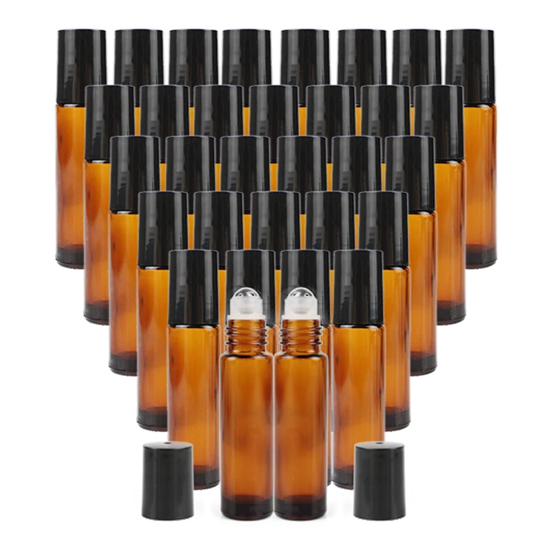 

24pack Amber Glass Roll on Bottle 10ml for Aromatherapy Essential Oil Vials with Roller Metal Ball Refillable Bottles Containers