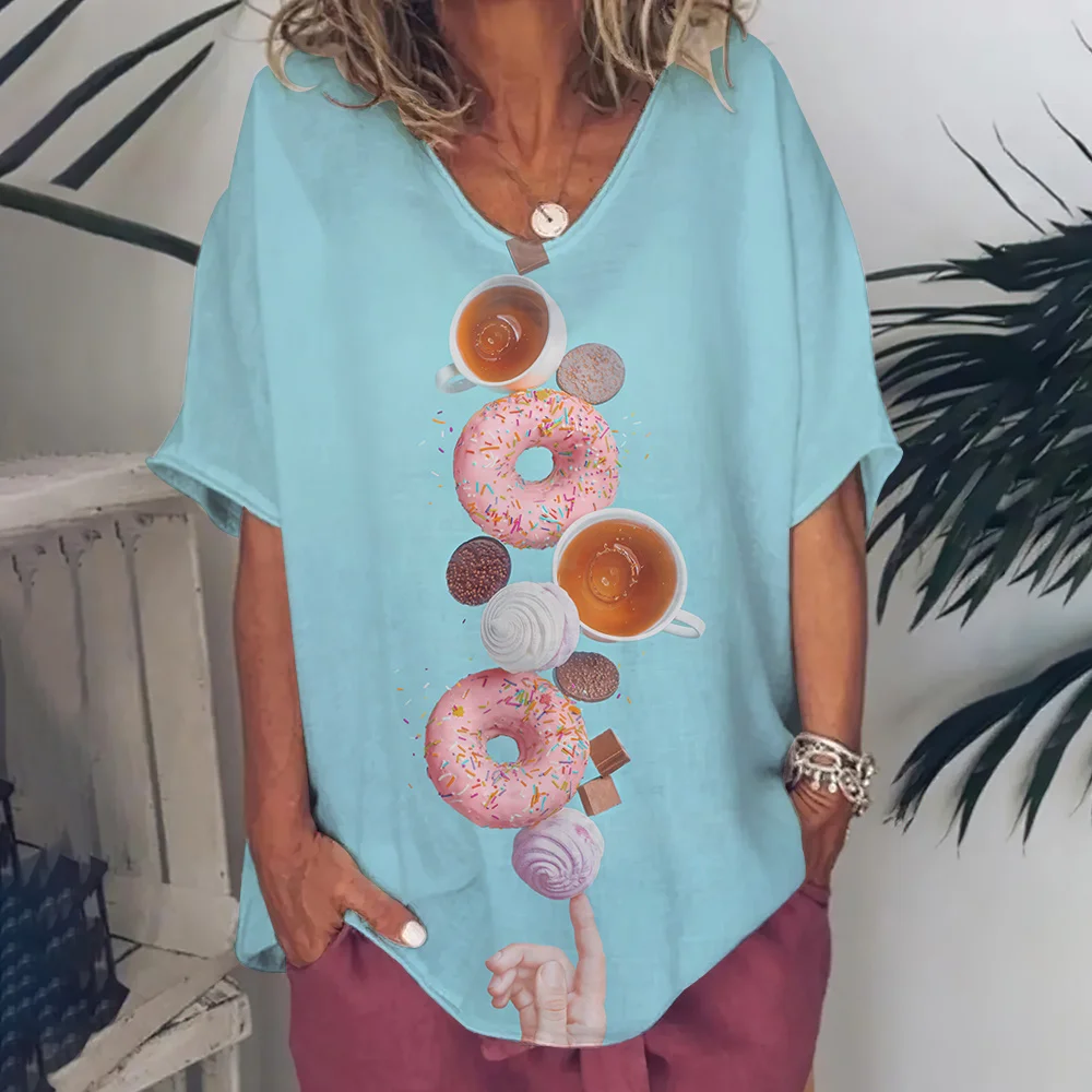 

Dessert Print T Shirt For Women Sweet Style Ladies Short Sleeve Tees Summer Loose Pullover Female Casual Streetwear Daily Blouse