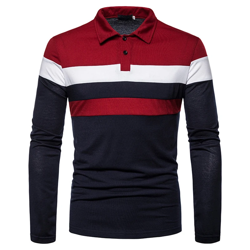 

New Men's Spring and Autumn Chest Two-color Stitching Long-sleeved Lapel T-shirt Thin European Size Long-sleeved Polo Shirt