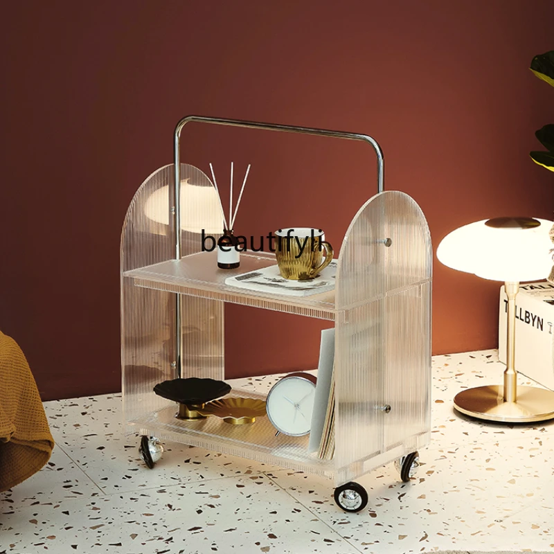 

LBX Light Luxury Side Table Movable Shelves Living Room Sofa Double Acrylic with Wheels Trolley