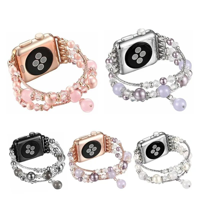

Women Wristband For iWatch Series 7 SE 6 5 4 Girl Crystal Beads Strap 38 40 41 42 44 45mm Metal Pearls Bracelet Watchbands