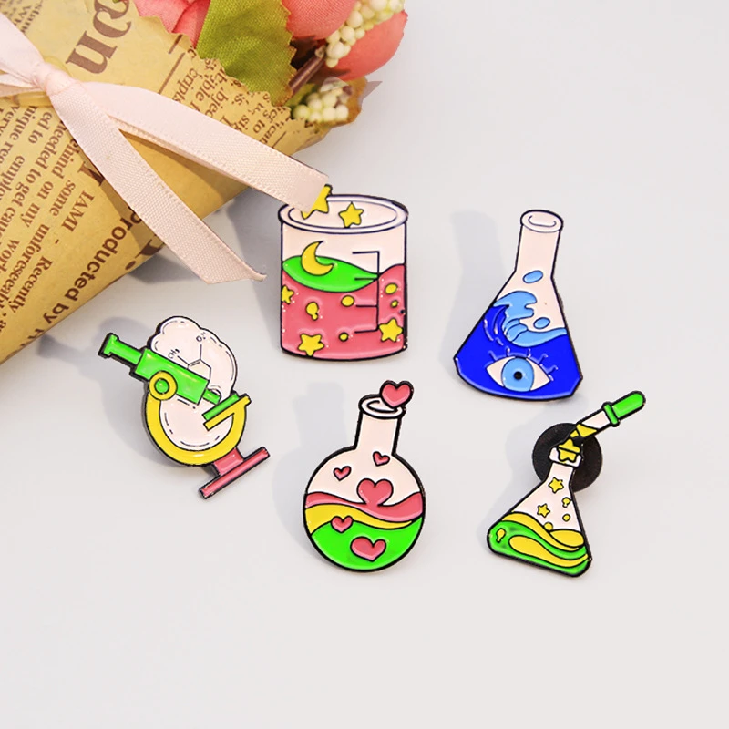 

Creative Chemistry Laboratory Equipment Brooches Microscope Beaker Dropper Pins Chemical Series Enamel Brooch Gift For Students