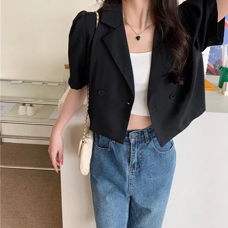 F GIRLS Blazer Women Solid Streetwear Cropped Outwear Summer Thin Loose Navel 3Colors All-match  Simple Office Lady Design