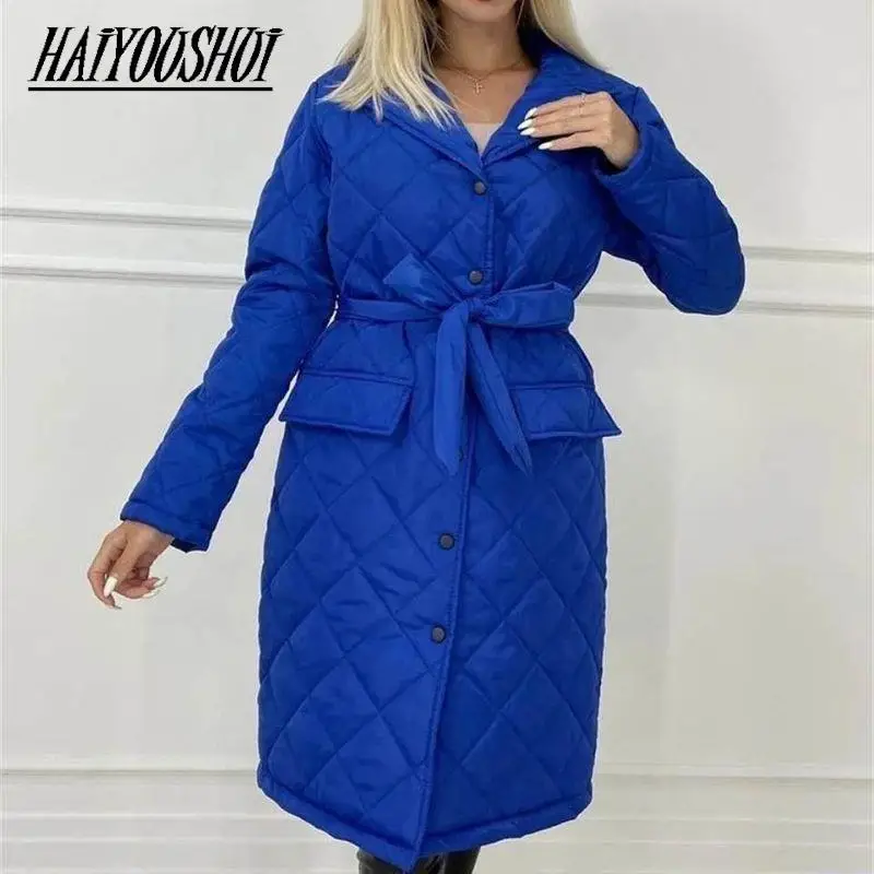 2022 Winter Women's Black Long Coat Cotton Padded Jacket Korean Casual Loose Street Style Belt Jacket Oversize