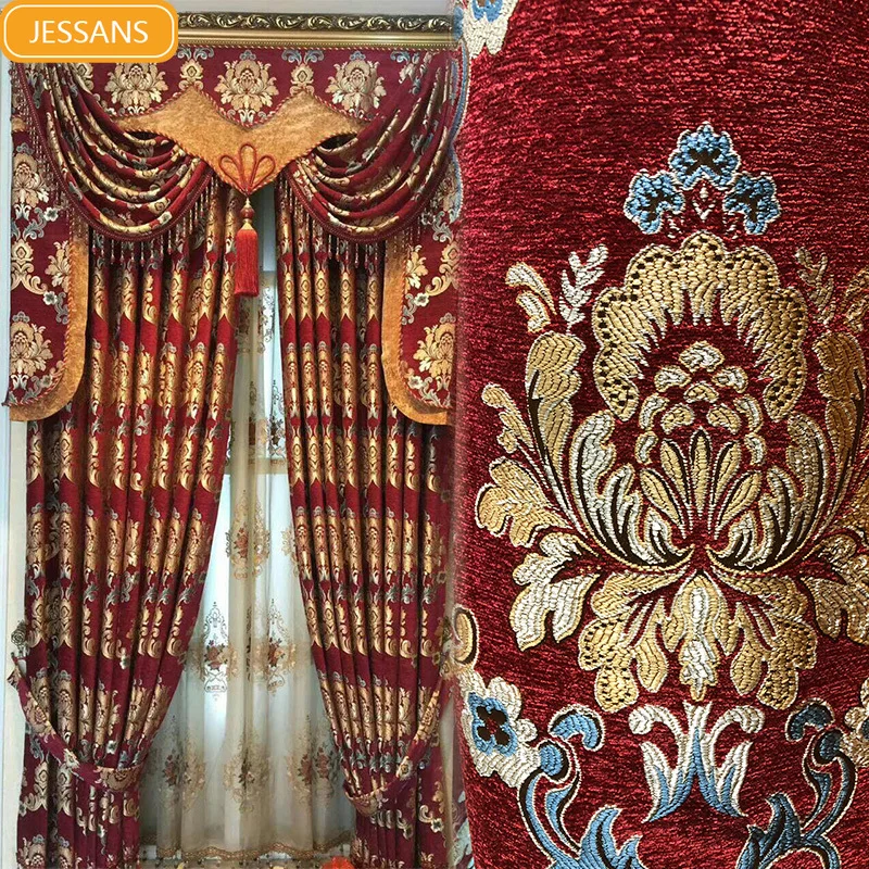 

European Luxury Red Thick Chenille Jacquard Blackout Curtains for Living Room Bedroom Custom Finished Valance