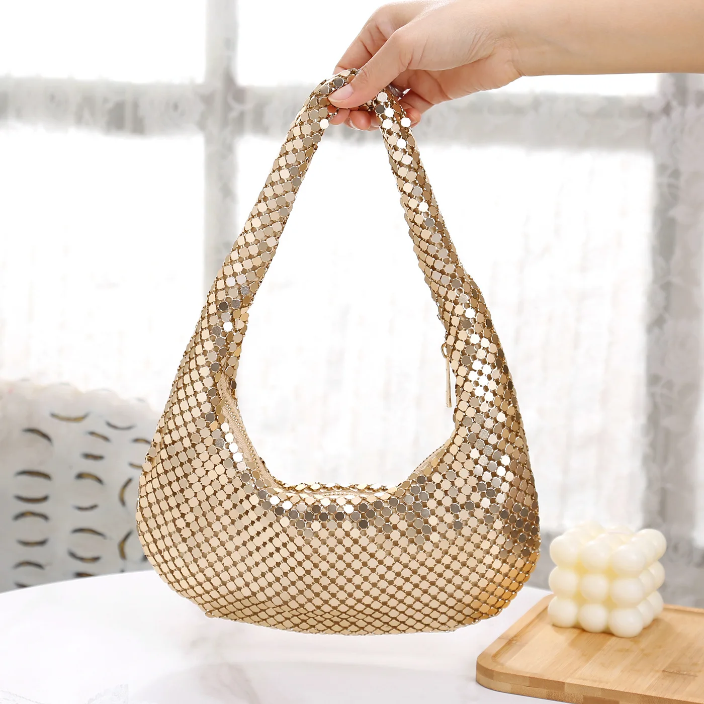 

Silver Gold Aluminium Sheet Underarm Shoulder Bag High End Ladies Cocktail Party Metal Totes Fashion Street Purse and Handbags
