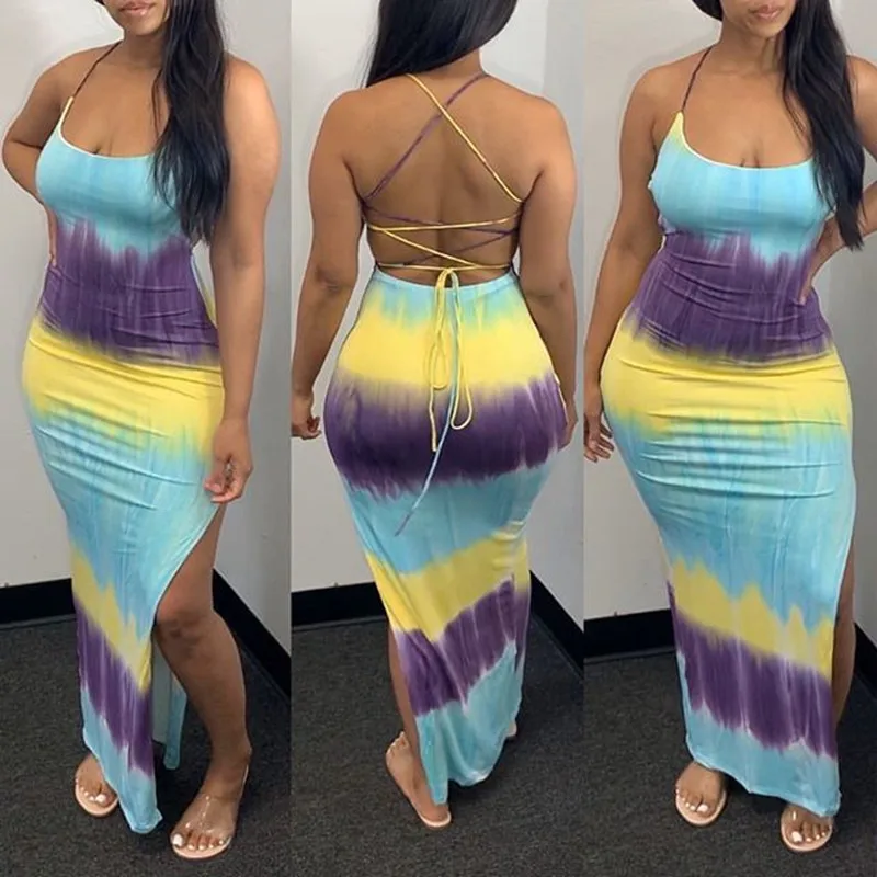 

SKMY Sexy Clothes For Women Fashion Gradient Print Lace Up Backless Split Bodycon Dress Summer New Sleeveless Beach Dress