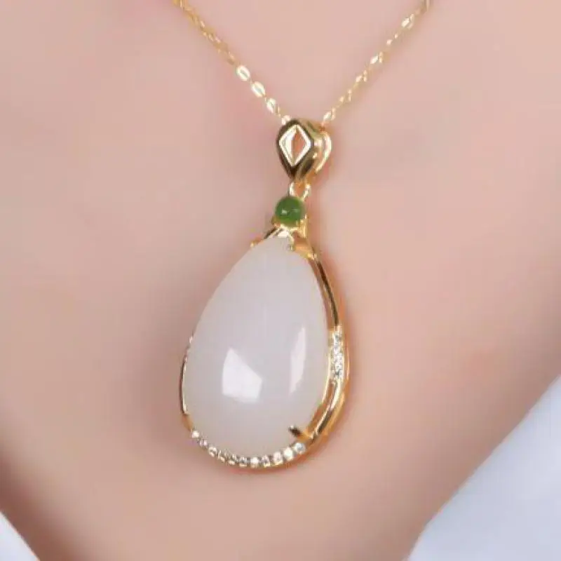 Natural White Jade Waterdrop Pendant 925 Sterling Silver Necklace Women Hetian Jades Nephrite Teardrop Beads Charms Necklaces
