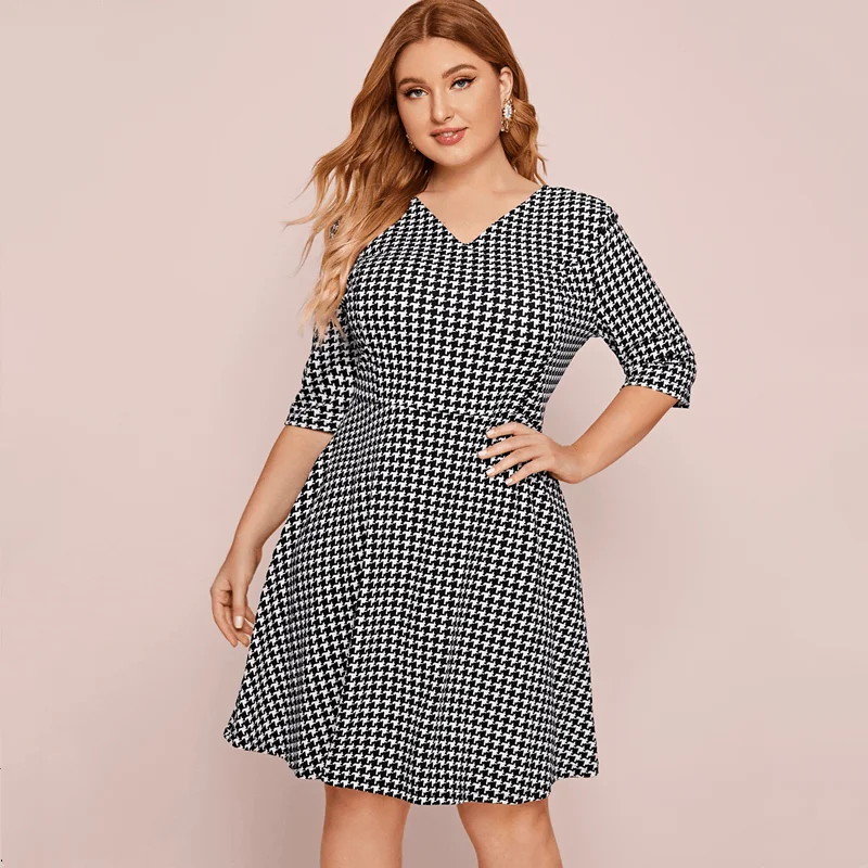 Plus Size R'l Oumeijia Plus size Chubby Girl Houndstooth 3/4 Sleeve Dress Temperament Slim fit A- line Skirt 679 |