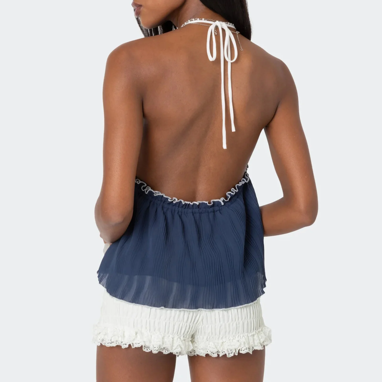 Женские топы с разрезом спереди лямкой на шее оборками и открытой спиной