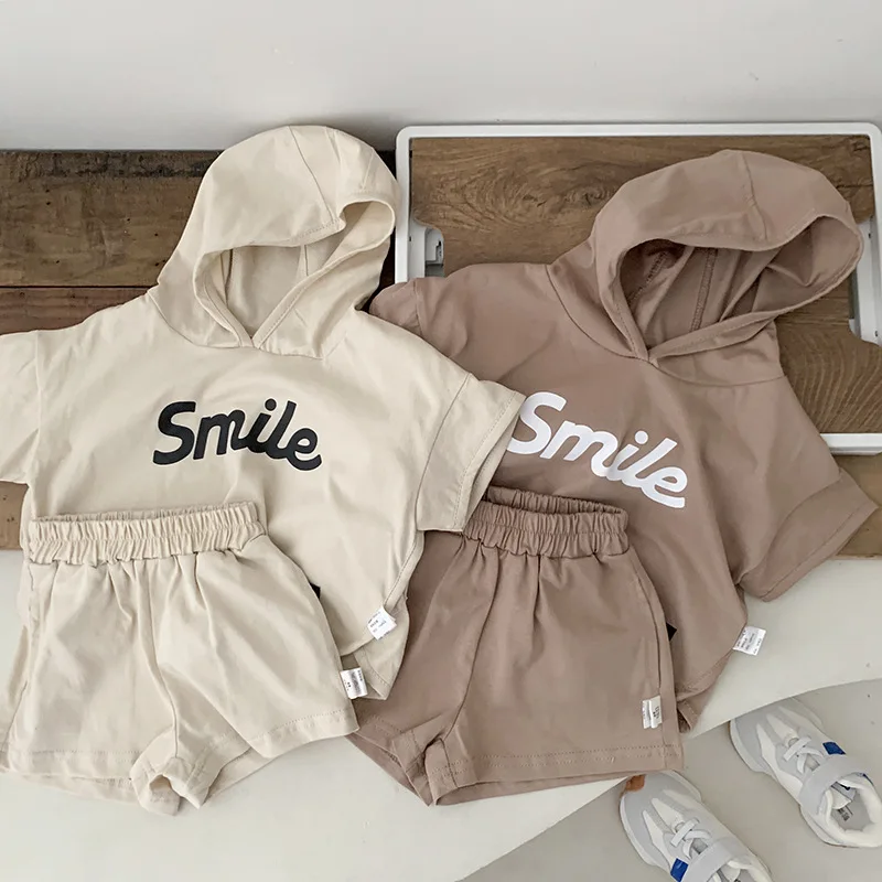 

New Baby Hooded Tracksuits Letters Smile Cotton Fashion Clothes Sets Toddler Boys Short Sleeve Outfits Korean 0-3T Hoodies Suits