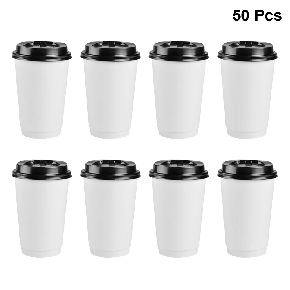 

50 шт. бумажные одноразовые кофейные чашки с двойными стенками 16 унций с крышками для чая, горячих напитков, горячего шоколада, кофе