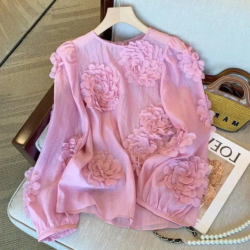 Женские рубашки шикарные розовые с трехмерными цветами Новинка весенне-летние