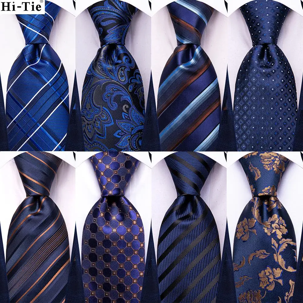 

Hi-Tie Jacquard Striped Navy Blue Elegant Men Tie Silk Necktie For Men Hankerchief Cufflink Wedding Business Fashion Designer