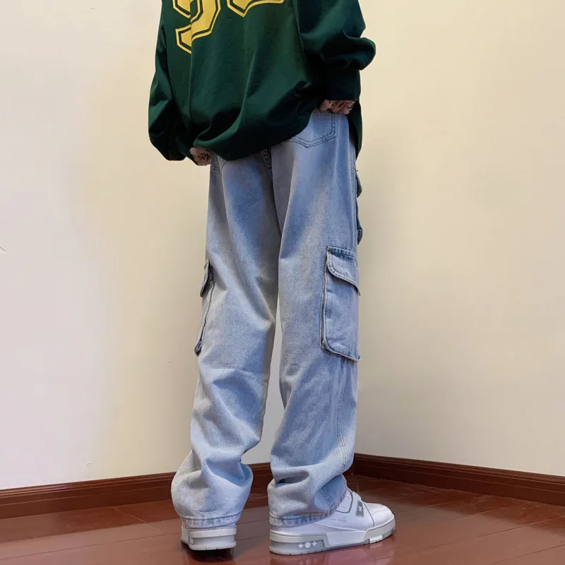 Blue Black Baggy Jeans Men Fashion Retro Pocket Cargo Jeans Men Streetwear Hip Hop Loose Straight Denim Pants Mens Trousers
