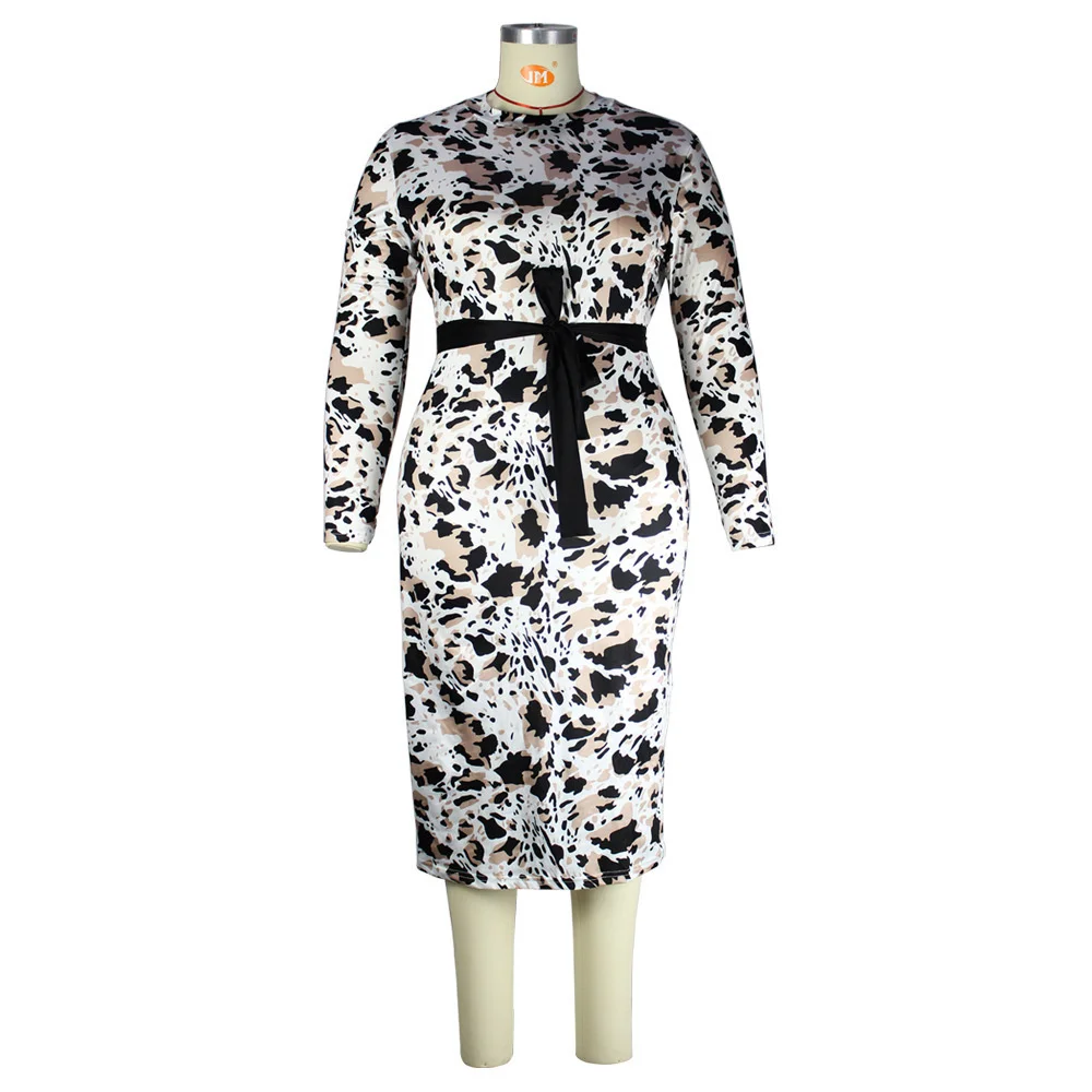 Plus Size Women's Dress  Autumn And Winter Mid-length Dress Printed Slim Belt Women Clothing Long Sleeve Bodycon Lady Maxi Dress