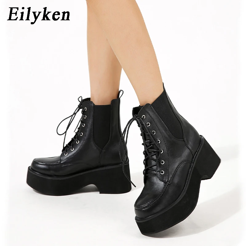 

Eilyken New Fashion Women Platform Ankle Boots Soft Leather Square Heel Modern Booties Spring Autumn Lace-up Females Footwear