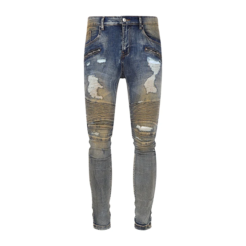High Street Fashion Men Jeans Retro Blue Spliced Designer Skinny Ripped Biker Jeans Patchwork Designer Hip Hop Brand Pants Men