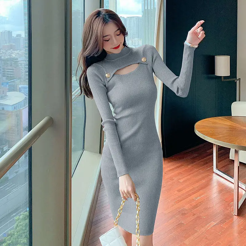 

2022 Autumn Winter Korean New Style Hollow Out Sweater Dress Fashion Half High Collar Long Sleeve Solid Color Knitted Dress S66
