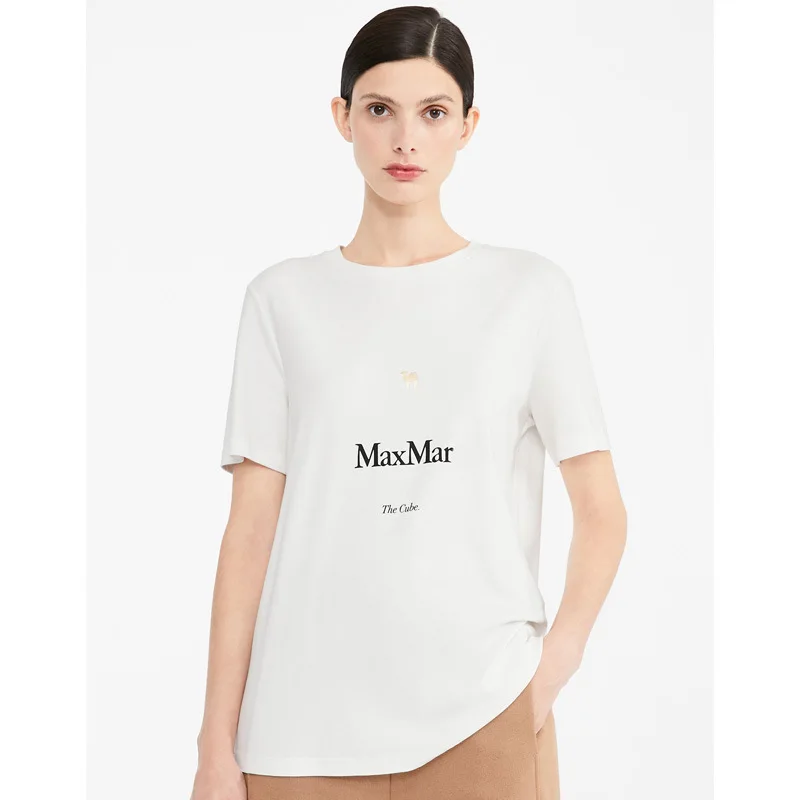 

Women Pure Cotton Letter and Golden Camel Print Round Neck T-shirt