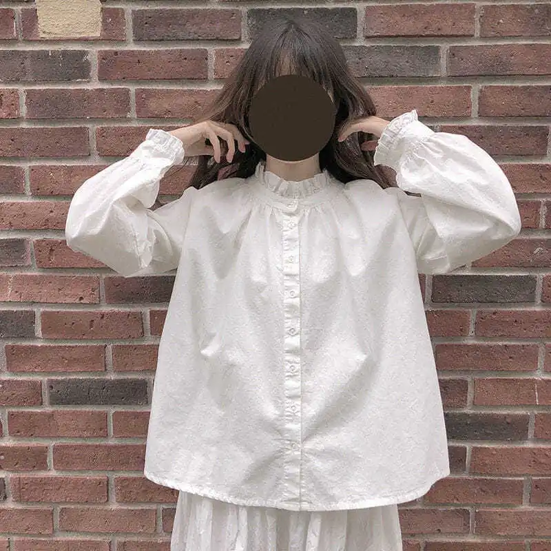 

QWEEK Kawaii Shirt Harajuku Blouses Japanese Korean Style White Shirt Lolita Ruffle Tops Loose Sweet Soft Girl Long Sleeve Cute