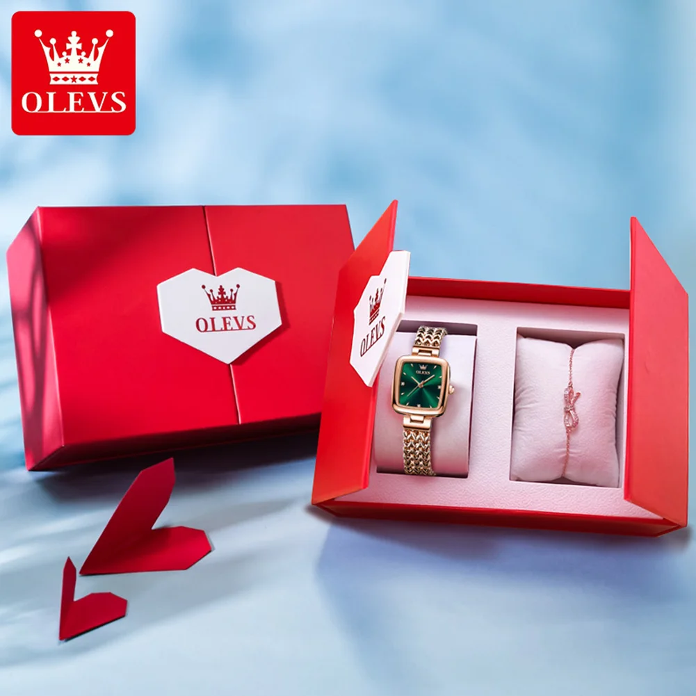 OLEVS Original Watch for Women with Bracelet Waterproof Square Rose Gold Colur Stainless Steel Elegant Quartz Ladies Watches