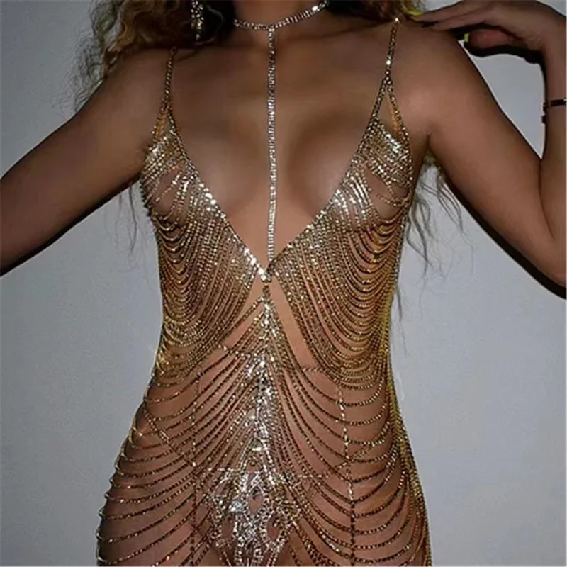 

Sexy Women's Luxury Umbilical Tank Top Sparkling Rhinestone Crystal Body Chain Tassel Hollow Suspender Top Jewelry Accessories