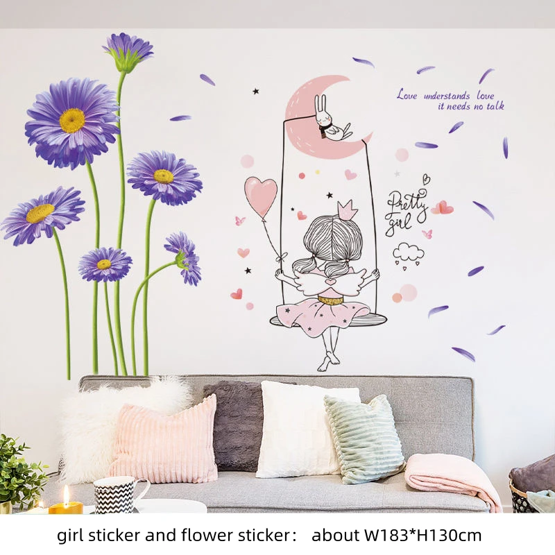 

[SHIJUEHEZI] Flowers Plants Wall Stickers Vinyl DIY Girl on the Swing Mural Decals for Living Room Kids Bedroom House Decoration