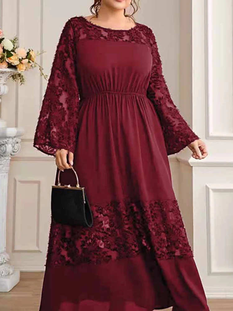 

Women Summer Long Sleeve Dress Plus Size Elegant Lace Floral Patchwork Party Dress Red High Waist Maxi Long Dresses