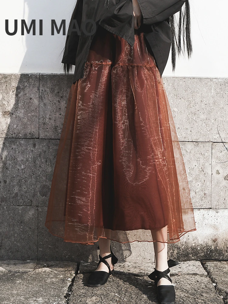 

UMI MAO 2023 Spring Summer Homemade Yamamoto Dark Wind Cool Atmosphere Sense Organza Large Swing Stitching Skirt Female Women
