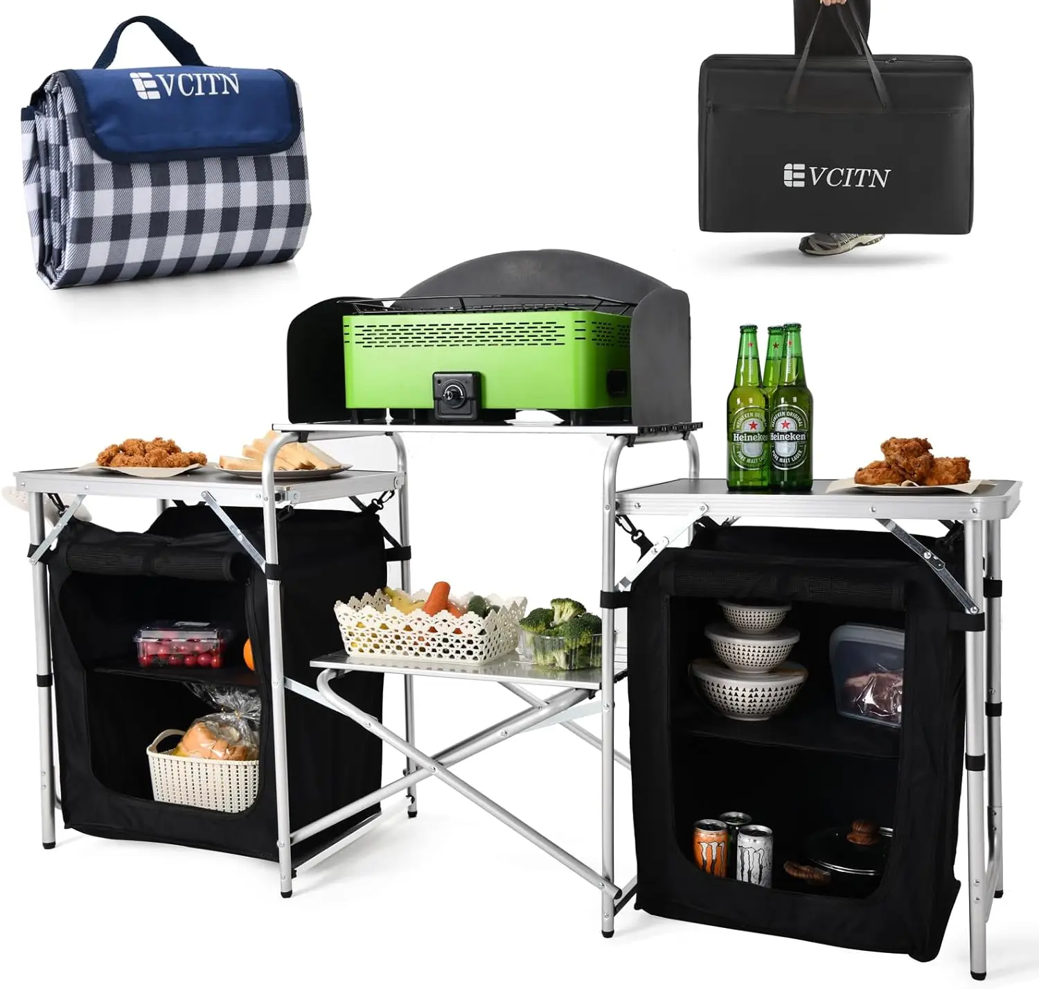 

Camping Kitchen Table, Aluminum Portable Folding Cook Table with Windshield, Storage Organizer, Quick Installation for Outdoor