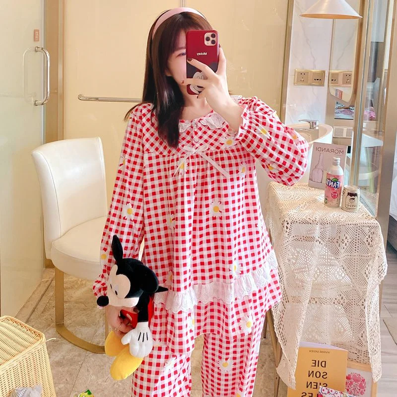 Sweet Pajamas Set Lace Sleepwear For Women Pyjama Women's Autumn Fashion Full-Sleeve Cartoon Princess Flower Homewear Plus Size