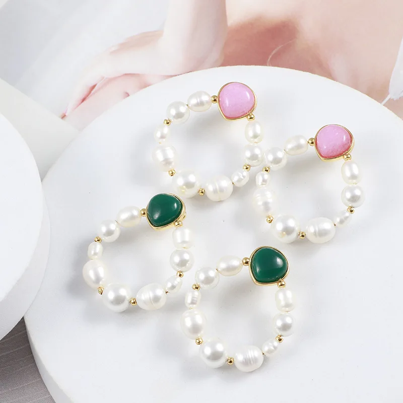 

Freshwater Pearl Ring Inlaid with Water Drop Stone Simple Earrings