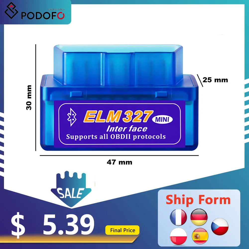 

Автомобильный диагностический сканер Podofo, Bluetooth V2.1, OBD2, Супер Мини ELM 327, 16-контактный OBD2 сканер для Android/Symbian, протокол OBDII
