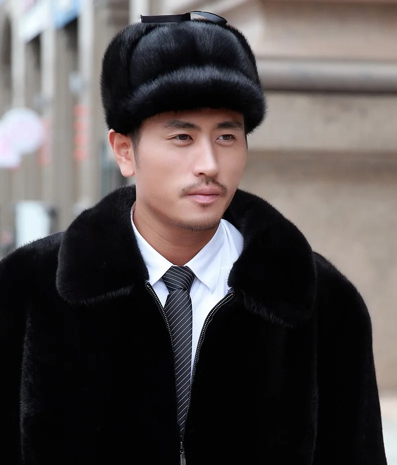 

Men's Real Mink Fur Hat Winter Warm Peaked Cap Headwear Handmade Black Brown