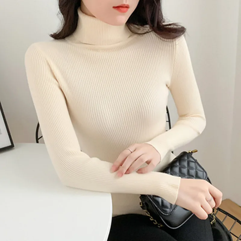 

Women Sweater Knitted Solid Tops for Women Long Sleeve Tops Women Half High Collar Thin 2022 Female ClothingBasic White Sweater