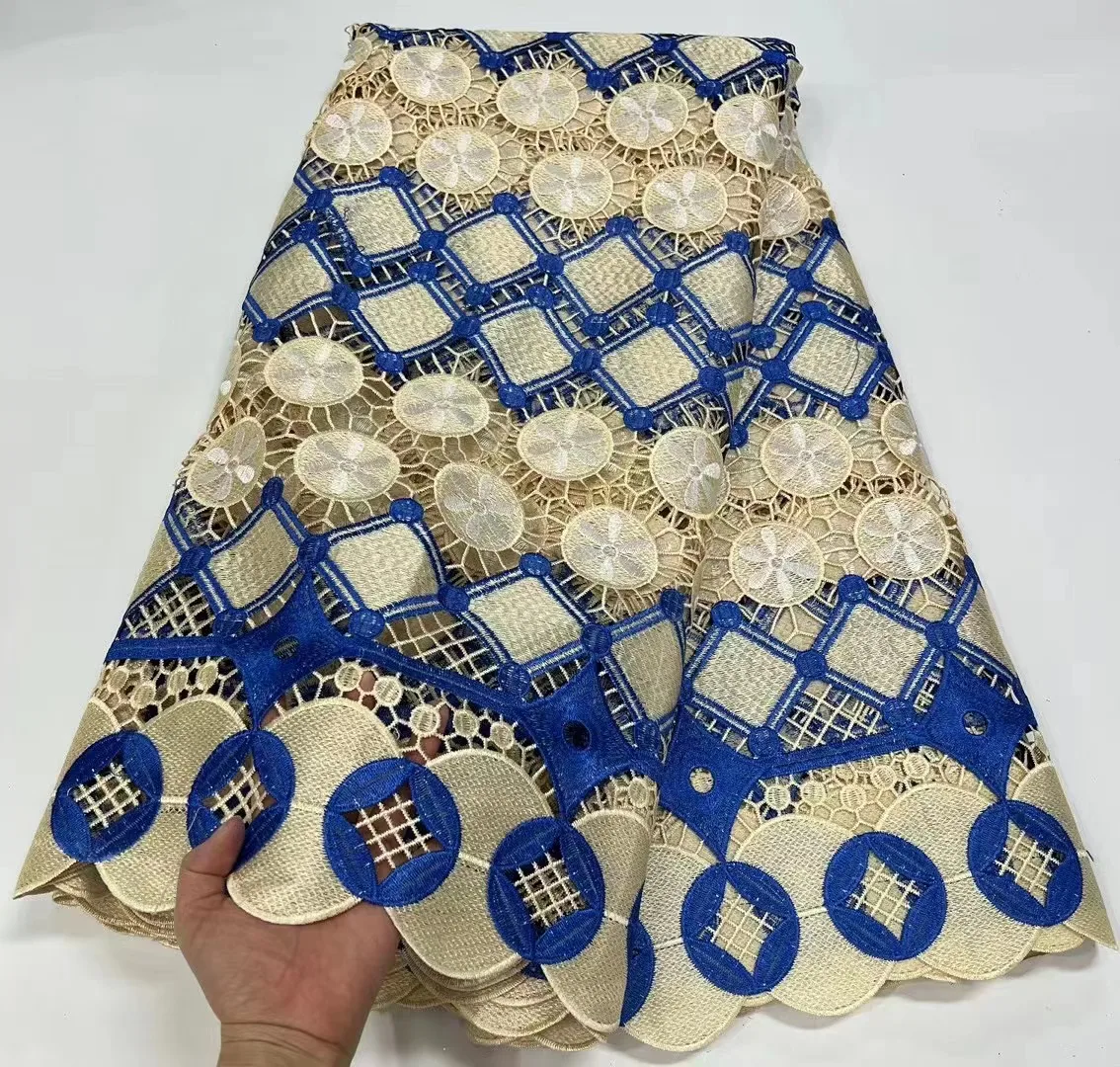 Latest Nigerian Royal Blue Mesh Guipure Cord Fabric 2023 High Quality African Water Soluble 5 Yards Lace For Women Wedding Dress