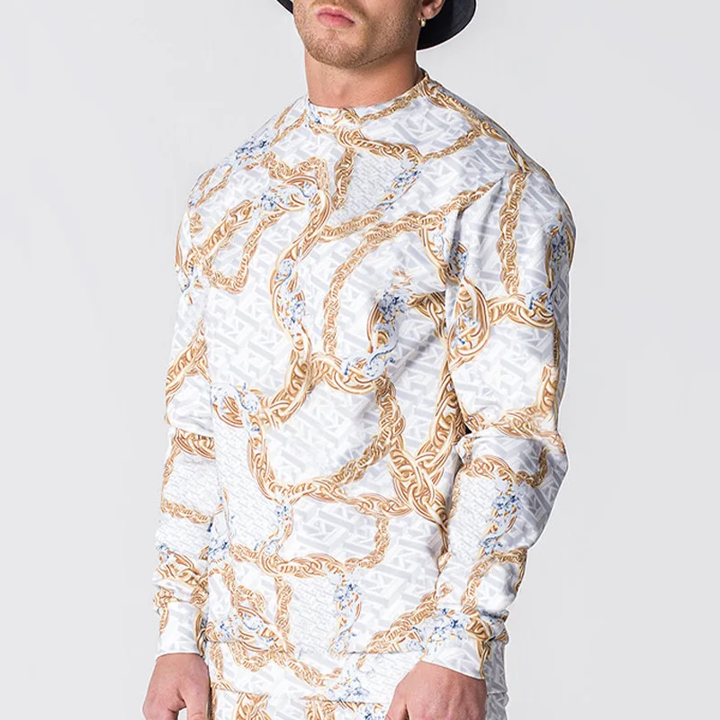 

2022 Autumn Men T Shirts Casual Long Sleeve Crew Neck Tops Mens Clothing Vintage Chain Printing Tee Shirt Male Fashion Pullovers