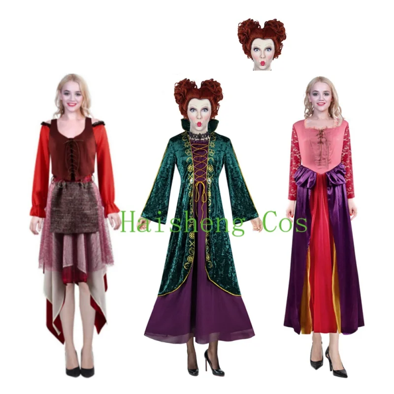 

Movie Hocus Pocus2 Winifred Sarah Mary Cosplay Costume Aldult Woman Witch Dress Cloak Wig Halloween Rave Party Suit